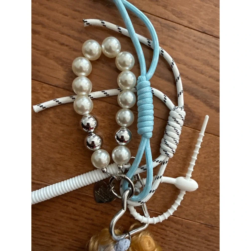 Mezzo Piano Doll Keychain Blue Corduroy Overalls Pearl Paracord Bag Charm Y2K